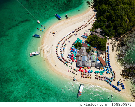 Aerial view drone shot of Amazing small island beautiful tropical sandy beach landscape view at koh Khai maew Island in Phang Nga Thailand,Amazing small island with many Cats live in small island 108890875
