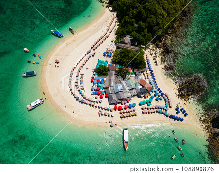 Aerial view drone shot of Amazing small island beautiful tropical sandy beach landscape view at koh Khai maew Island in Phang Nga Thailand,Amazing small island with many Cats live in small island 108890876