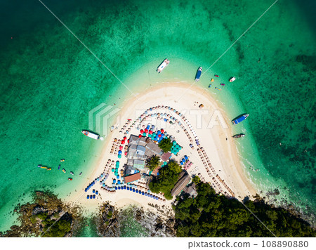 Aerial view drone shot of Amazing small island beautiful tropical sandy beach landscape view at koh Khai maew Island in Phang Nga Thailand,Amazing small island with many Cats live in small island 108890880
