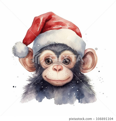 Chimpanzee Santa Claus watercolor illustration AI image 108891104