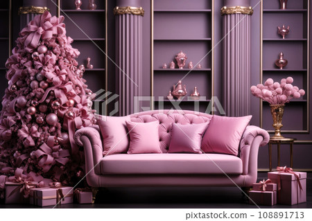 Christmas background with Christmas tree, gifts and sofa in pink colors 108891713