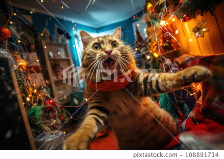 A cat left alone at home wreaks havoc in a room decorated for Christmas 108891714