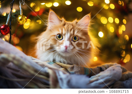 A cat on Christmas background, adorned with twinkling lights and a festive tree 108891715