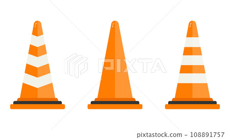 橙色三角錐(彩色錐體,塔)的向量插圖集。 橙色三角錐(彩色錐體,塔)的向量插圖集。 108891757
