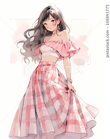 粉紅色洋裝的露肩時尚女孩 粉紅色洋裝的露肩時尚女孩 108891775