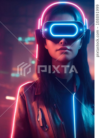 Fictional portrait of a sci-fi cyberpunk girl. High-tech futuristic woman from the future. The concept of virtual reality and cyberpunk. 3D render. 108891999