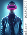 Portrait of a man wearing a cyberpunk headset, neon virtual glasses, and cyberpunk gear. A high-tech futuristic man from the future. The concept of virtual reality and cyberpunk. 3D rendering. 108892002