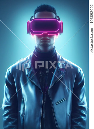 Portrait of a man wearing a cyberpunk headset, neon virtual glasses, and cyberpunk gear. A high-tech futuristic man from the future. The concept of virtual reality and cyberpunk. 3D rendering. Portrait of a man wearing a cyberpunk headset, neon virtual glasses, and cyberpunk gear. A high-tech futuristic man from the future. The concept of virtual reality and cyberpunk. 3D rendering. 108892002