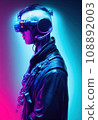 A fictional person, not based on a real person. Portrait of a sci-fi cyberpunk man. High-tech futuristic man from the future. The concept of virtual reality and cyberpunk. 3D render. 108892003
