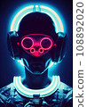 Portrait of an fictional astronaut in neon light in a spacesuit. High-tech astronaut from the future. The concept of space travel. 3D rendering 108892020