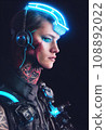 Realistic portrait of a sci-fi cyberpunk men in a cyber suit. High-tech futuristic man from the future. The concept of virtual reality and cyberpunk. 3D render. 108892022