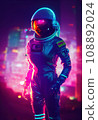 Portrait of an fictional astronaut in neon light in a spacesuit. High-tech astronaut from the future. The concept of space travel. 3D rendering 108892024