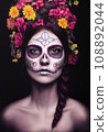 A beautiful woman with a wreath of flowers in her hair and a drawing of a skull on her face. Mexican holiday concept. 3D rendering. 108892044