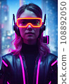 Realistic portrait of a sci-fi cyberpunk girl. High-tech futuristic woman from the future. The concept of virtual reality and cyberpunk. 3D render. 108892050