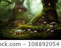 Wonderful fairy tale house on a hill in a magical morning forest. A forest fairy tale concept. 3D rendering 108892054