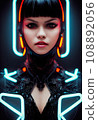 A fictional person, not based on a real person. Portrait of a sci-fi cyberpunk girl. High-tech futuristic woman from the future. The concept of virtual reality and cyberpunk. 3D render. 108892056