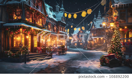 雪白的街道上有美麗的聖誕裝飾 - 生成人工智慧 雪白的街道上有美麗的聖誕裝飾 - 生成人工智慧 108892200