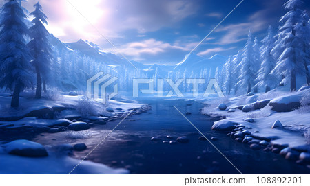 月光下靜謐的雪山河流－生成式AI 108892201