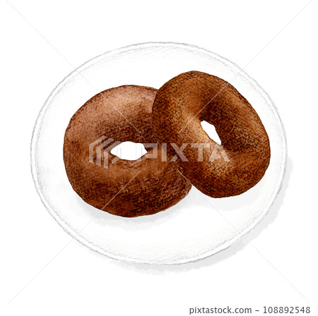 Simple chocolate donut on a plate, hand-drawn watercolor illustration of sweets and sweets 108892548