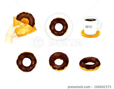 A set of chocolate-covered donuts. A collection of hand-drawn watercolor illustrations of sweets and sweets. A set of chocolate-covered donuts. A collection of hand-drawn watercolor illustrations of sweets and sweets. 108892573