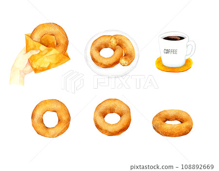 A set of simple plain donuts. A collection of hand-drawn watercolor illustrations of sweets and sweets. 108892669