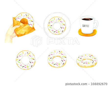 Set of white chocolate donuts. Collection of hand-drawn watercolor illustrations of sweets and sweets. 108892670