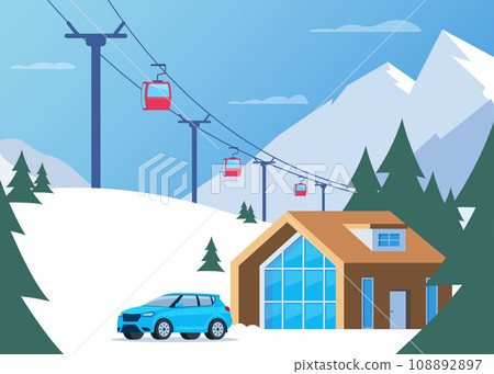 Ski resort. Winter mountain landscape with lodge, ski lift and car in front. Winter sports vacation banner. Vector illustration. Ski resort. Winter mountain landscape with lodge, ski lift and car in front. Winter sports vacation banner. Vector illustration. 108892897
