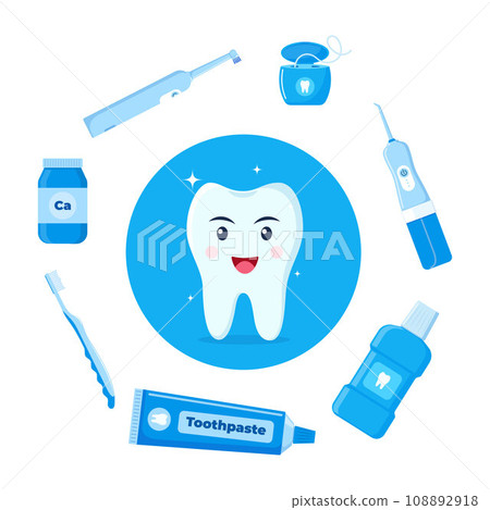 Healthy happy tooth character surrounded by dental cleaning tools, oral hygiene products. Dental health concept. Vector illustration. Healthy happy tooth character surrounded by dental cleaning tools, oral hygiene products. Dental health concept. Vector illustration. 108892918
