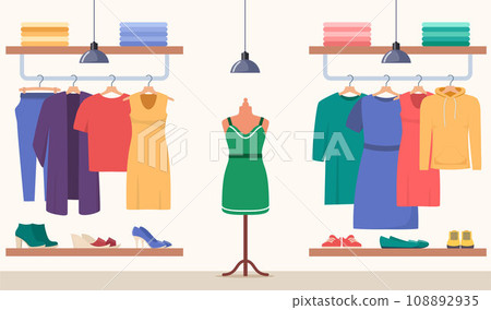 Clothing store. Clothes shop interior, boutique. Various women's and men's clothes on hangers, shoes on shelves, mannequin. Vector illustration. 108892935