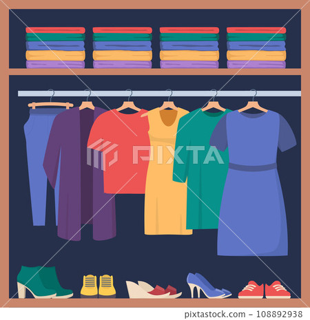 Wardrobe. Inner space closet, shelves and hangers with female clothes, shoes and accessories, organization and storage clothing. Vector illustration. Wardrobe. Inner space closet, shelves and hangers with female clothes, shoes and accessories, organization and storage clothing. Vector illustration. 108892938