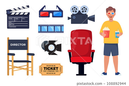 Kid with 3d glasses, soda and popcorn. Set of cinema elements. Tickets, clapperboard, montage tape, video camera. Vector illustration. Kid with 3d glasses, soda and popcorn. Set of cinema elements. Tickets, clapperboard, montage tape, video camera. Vector illustration. 108892944