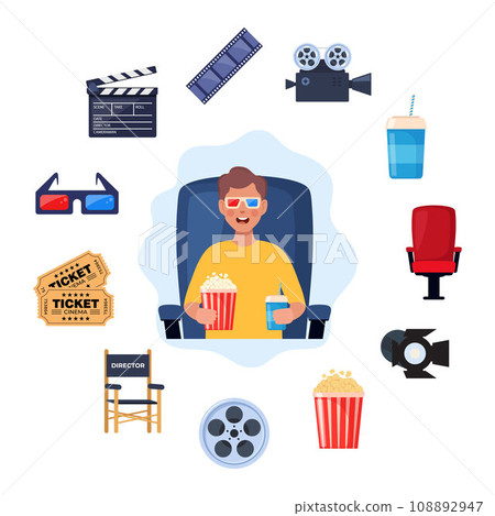 Kid watching movie with 3d glasses. Soda and popcorn in kids hands. Cinema elements around. Tickets, clapperboard, montage tape, video camera. Vector illustration. 108892947