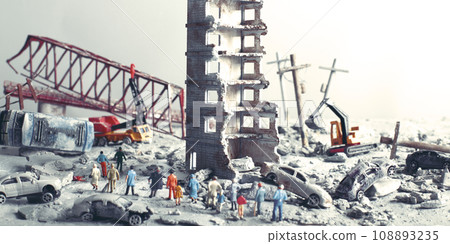 A diorama of a city destroyed by disaster or war and people wandering around. 108893235