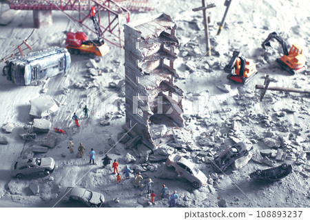 A diorama of a city destroyed by disaster or war and people wandering around. 108893237