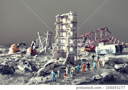 A diorama of a city destroyed by disaster or war and people wandering around. A diorama of a city destroyed by disaster or war and people wandering around. 108893277