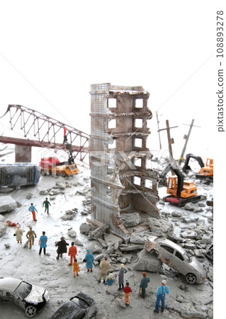 A diorama of a city destroyed by disaster or war and people wandering around. A diorama of a city destroyed by disaster or war and people wandering around. 108893278