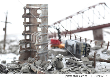 A diorama of a city destroyed by disaster or war and people wandering around. 108893293