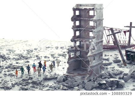 A diorama of a city destroyed by disaster or war and people wandering around. 108893329