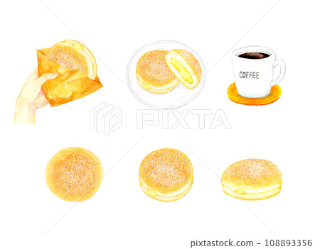 Set of custard bomboloni (bread donuts). Collection of hand-drawn watercolor illustrations of sweets and sweets. 108893356