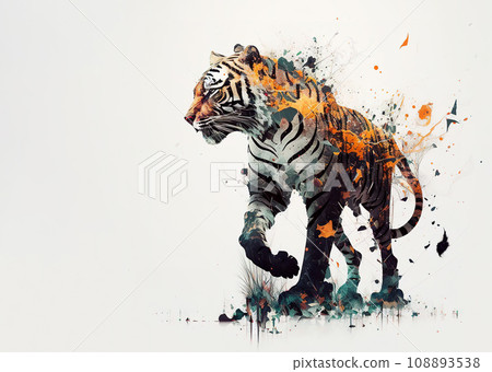 Image of standing tiger with scattered colors on clean background., Wildlife Animals. 108893538