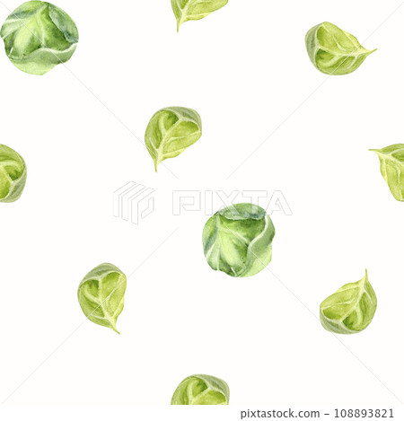 Watercolor green vegetables seamless pattern on white background. Brussel's cabbage and spinach leaves in background for restaurant menu, cafe, kitchen textile, plate design. Isolated food 108893821