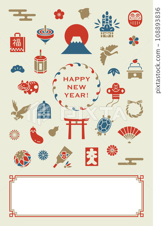 New Year's card design with Japanese New Year icons lined up 108893836