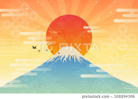 Japanese pattern watercolor style illustration of Mt. Fuji and the first sunrise_horizontal 1 108894306