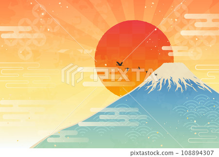 Japanese pattern watercolor style illustration of Mt. Fuji and the first sunrise_horizontal 2 108894307