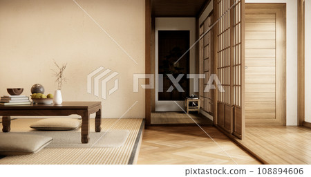 low table and pillow on tatami mat in wooden room japanese style. low table and pillow on tatami mat in wooden room japanese style. 108894606