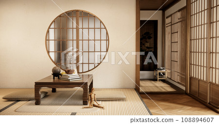 low table and pillow on tatami mat in wooden room japanese style. low table and pillow on tatami mat in wooden room japanese style. 108894607