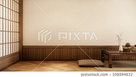 low table and pillow on tatami mat in wooden room japanese style. low table and pillow on tatami mat in wooden room japanese style. 108894632