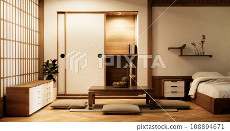 low table and pillow on tatami mat in wooden room japanese style. low table and pillow on tatami mat in wooden room japanese style. 108894671