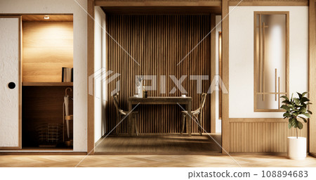 dinner room japanese style with long table and wooden chairs in room japandi. 108894683