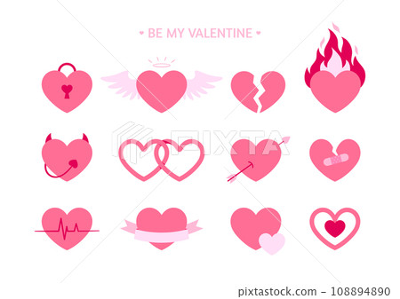 Love heart icon saint valentine day doodle flat set. Pink enchanted lock angel broken heart separation devil wedding amur cupid arrow cardio pulse ribbon congrats pendant patch reconcile isolated Love heart icon saint valentine day doodle flat set. Pink enchanted lock angel broken heart separation devil wedding amur cupid arrow cardio pulse ribbon congrats pendant patch reconcile isolated 108894890